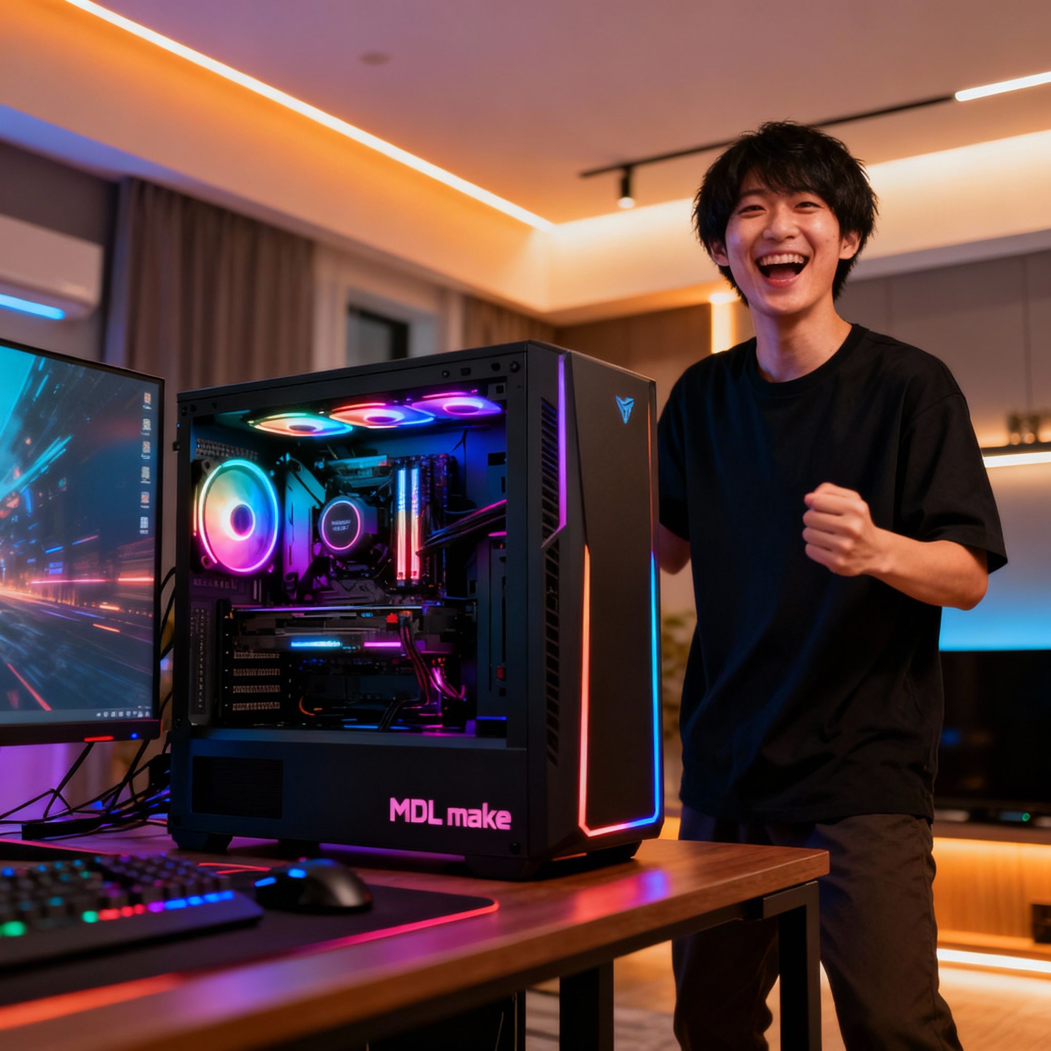 MDL.makeのゲーミングPCの前で嬉しそうな日本人ゲーマー