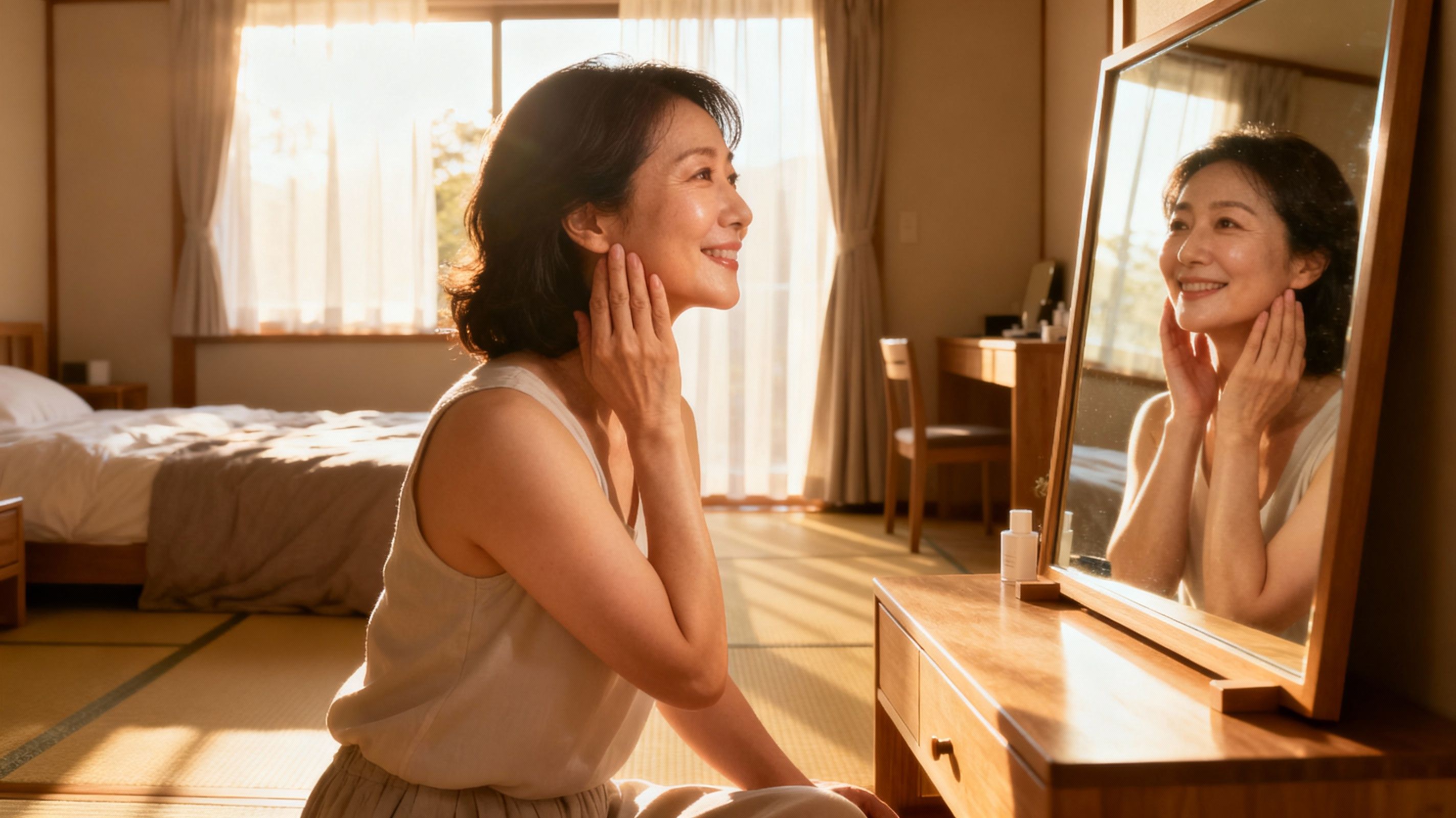 ふっくらハリのあるつやつや肌に満足している女性