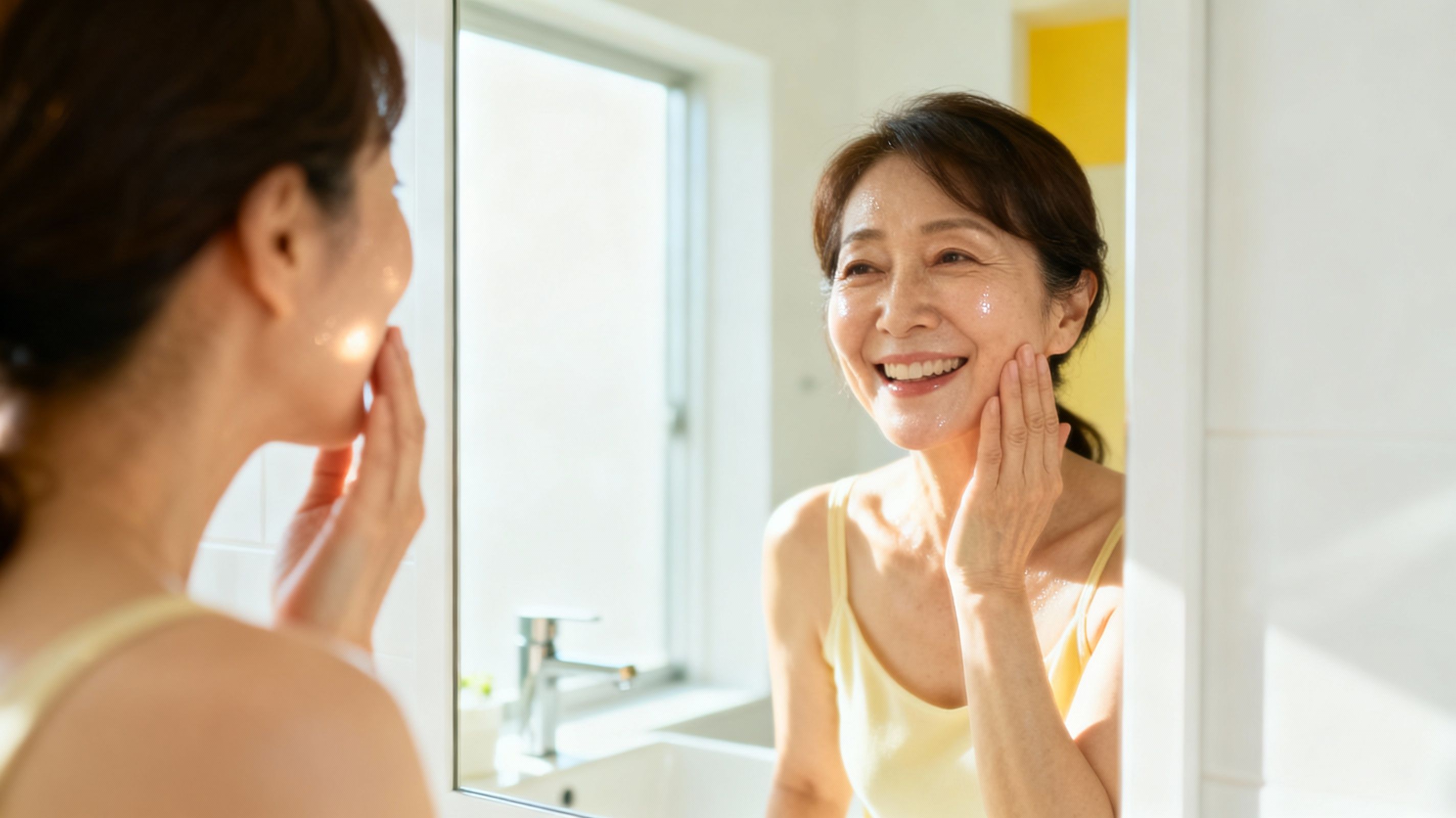 朝の鏡の前で肌に満足する女性