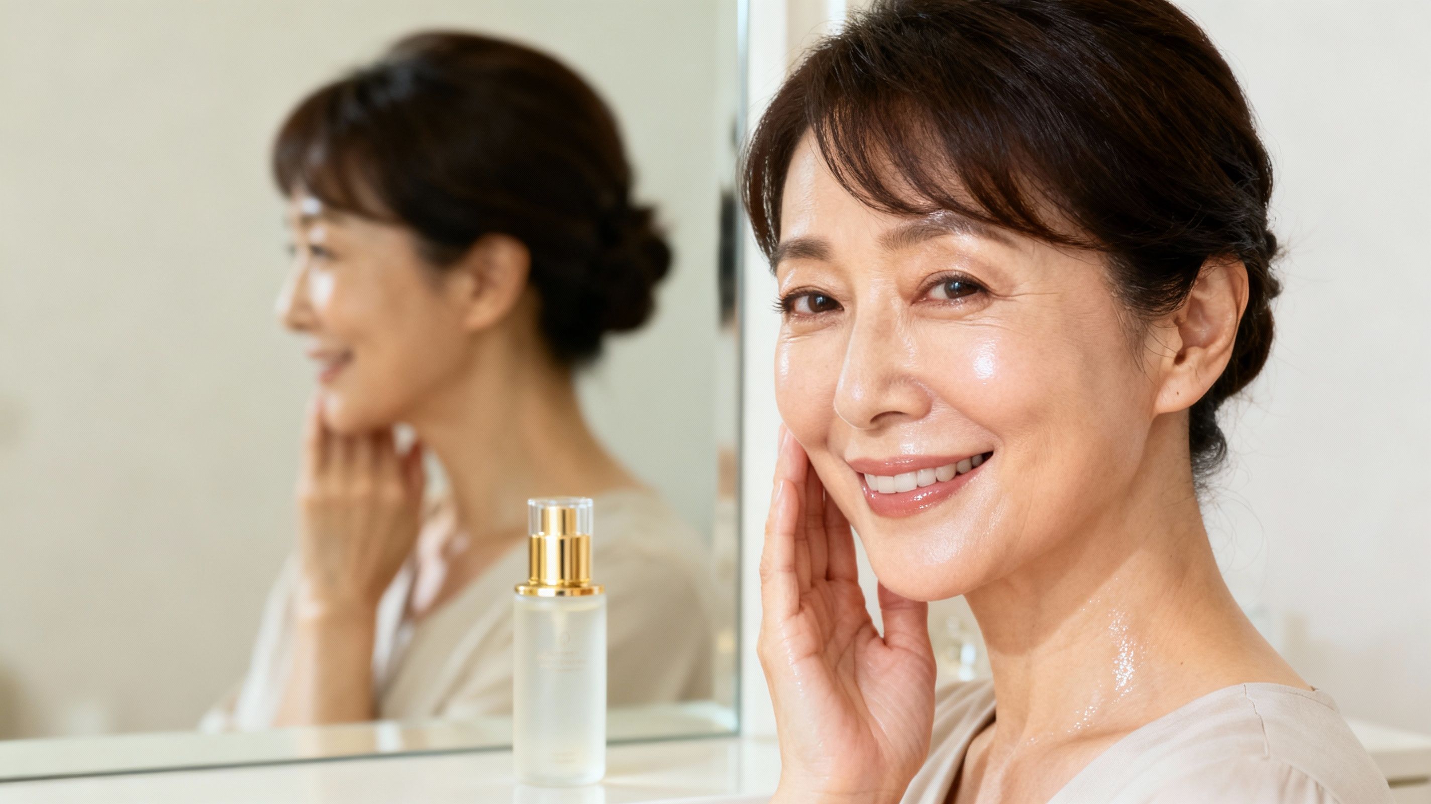 ハリのあるみずみずしい肌に満足する女性