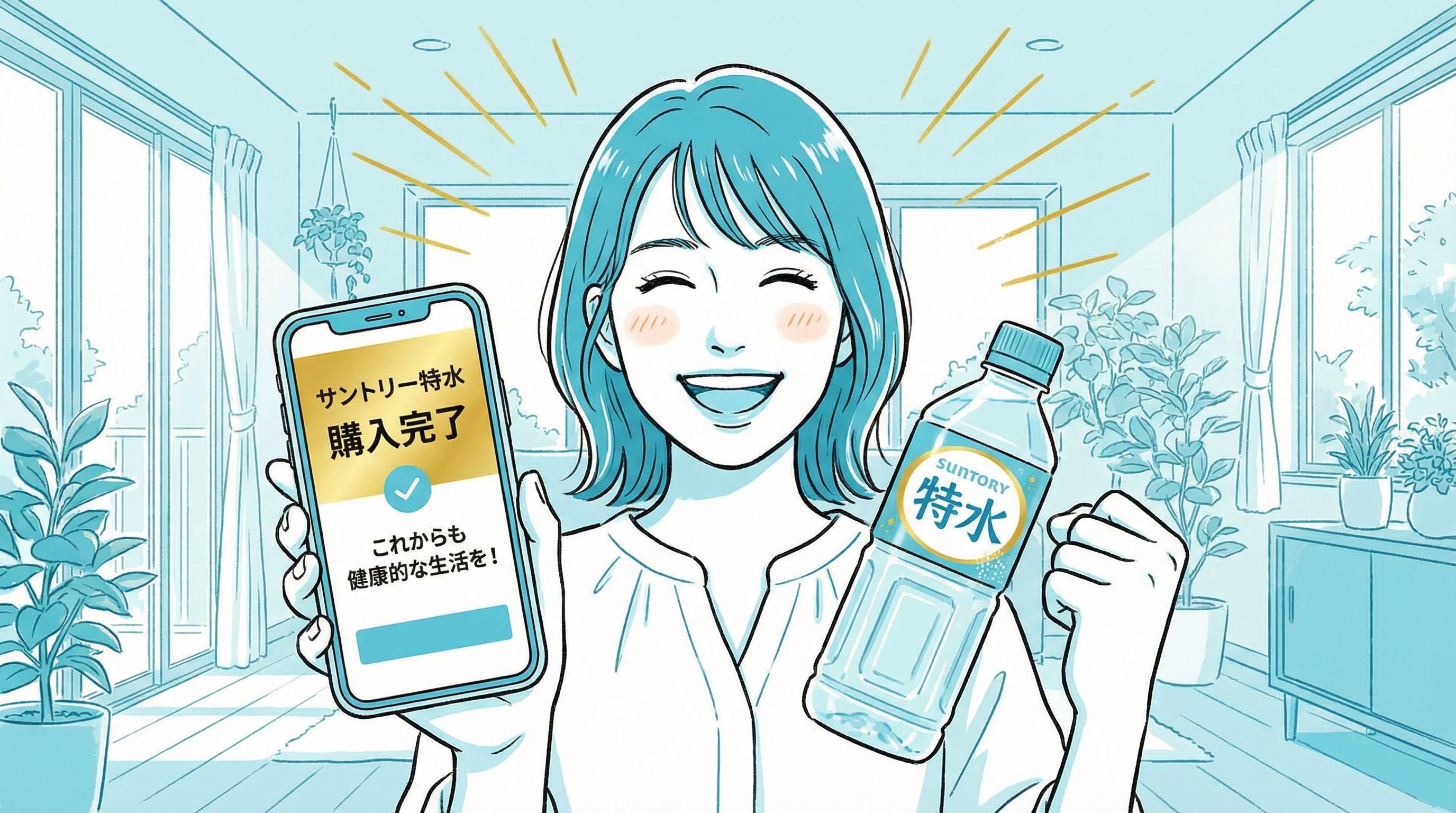 オンラインでサントリー特水を購入できて、満足している女性