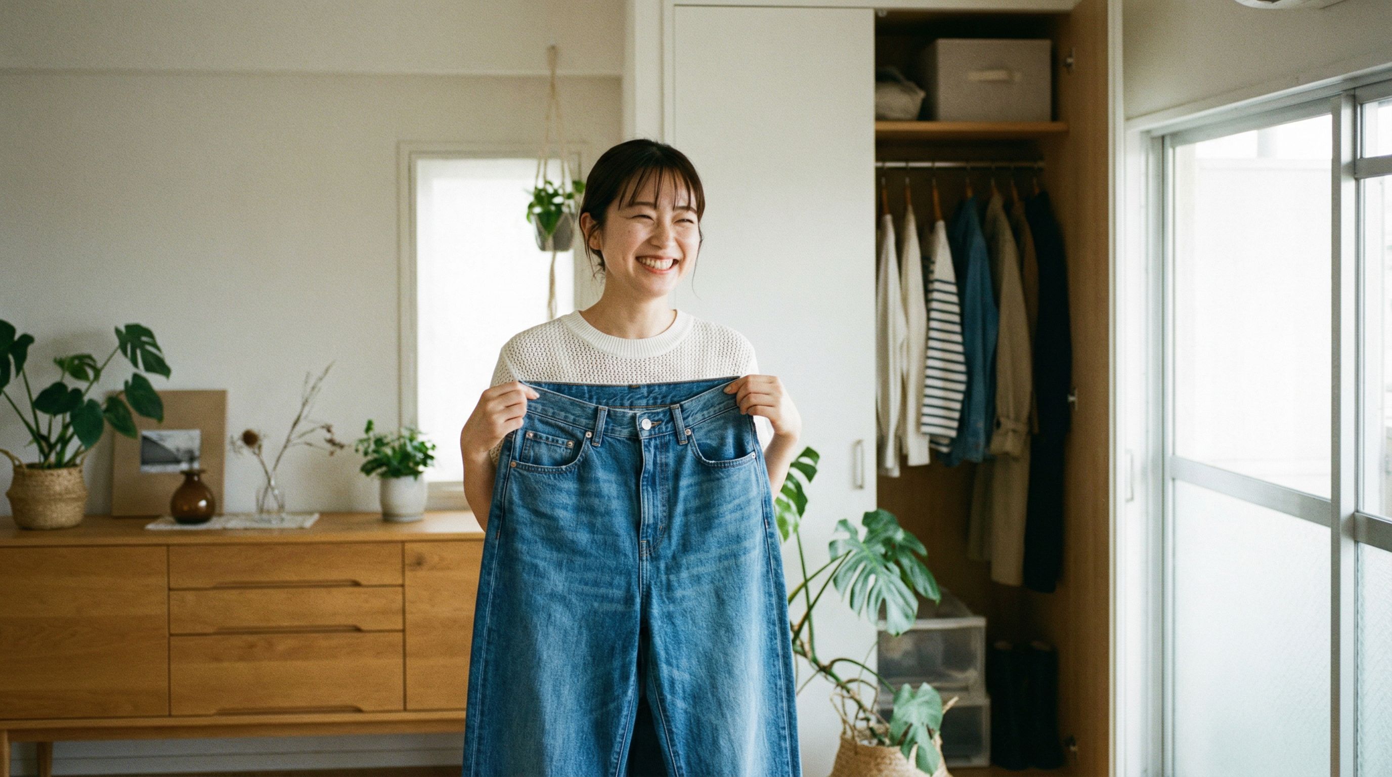 セールで購入したバレルレッグジーンズを喜ぶ女性