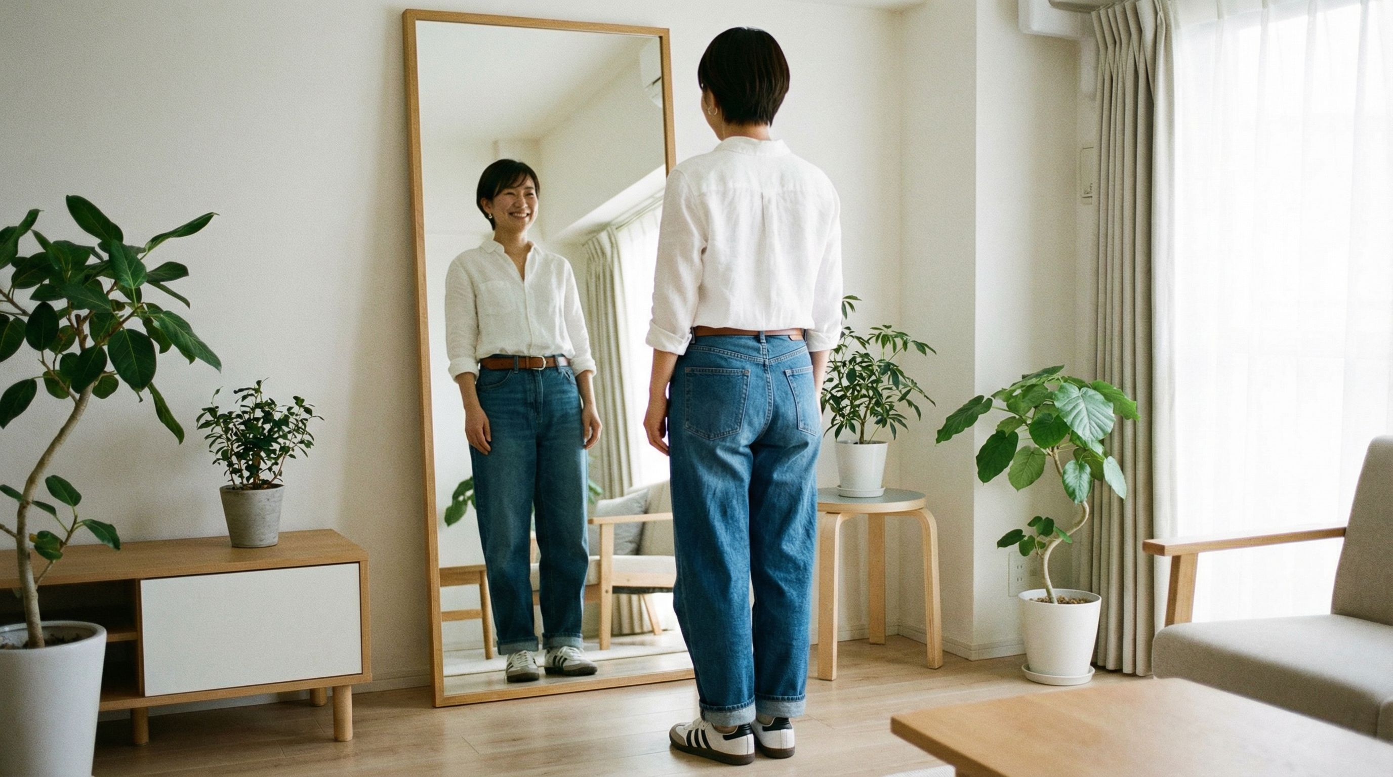 バレルレッグジーンズを履いて鏡を見る女性