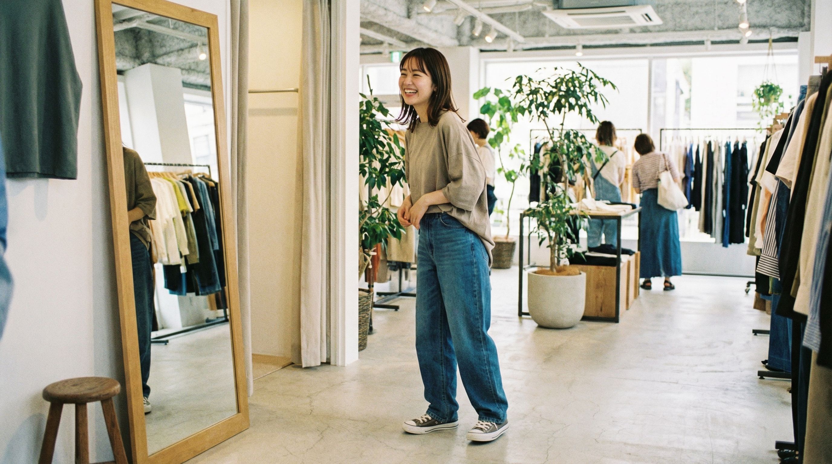 アパレルショップでバレルレッグジーンズを試着する女性
