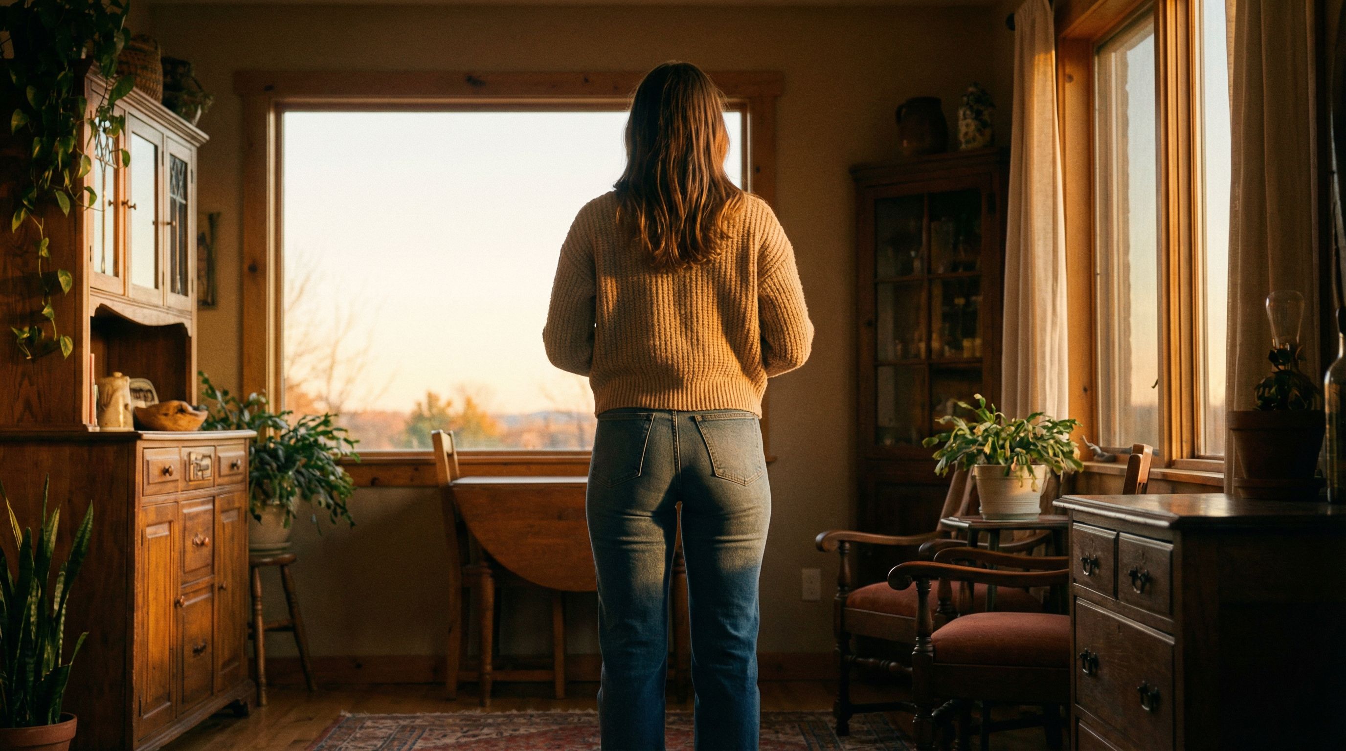 夕暮れの部屋でバレルレッグジーンズを履いて佇む女性
