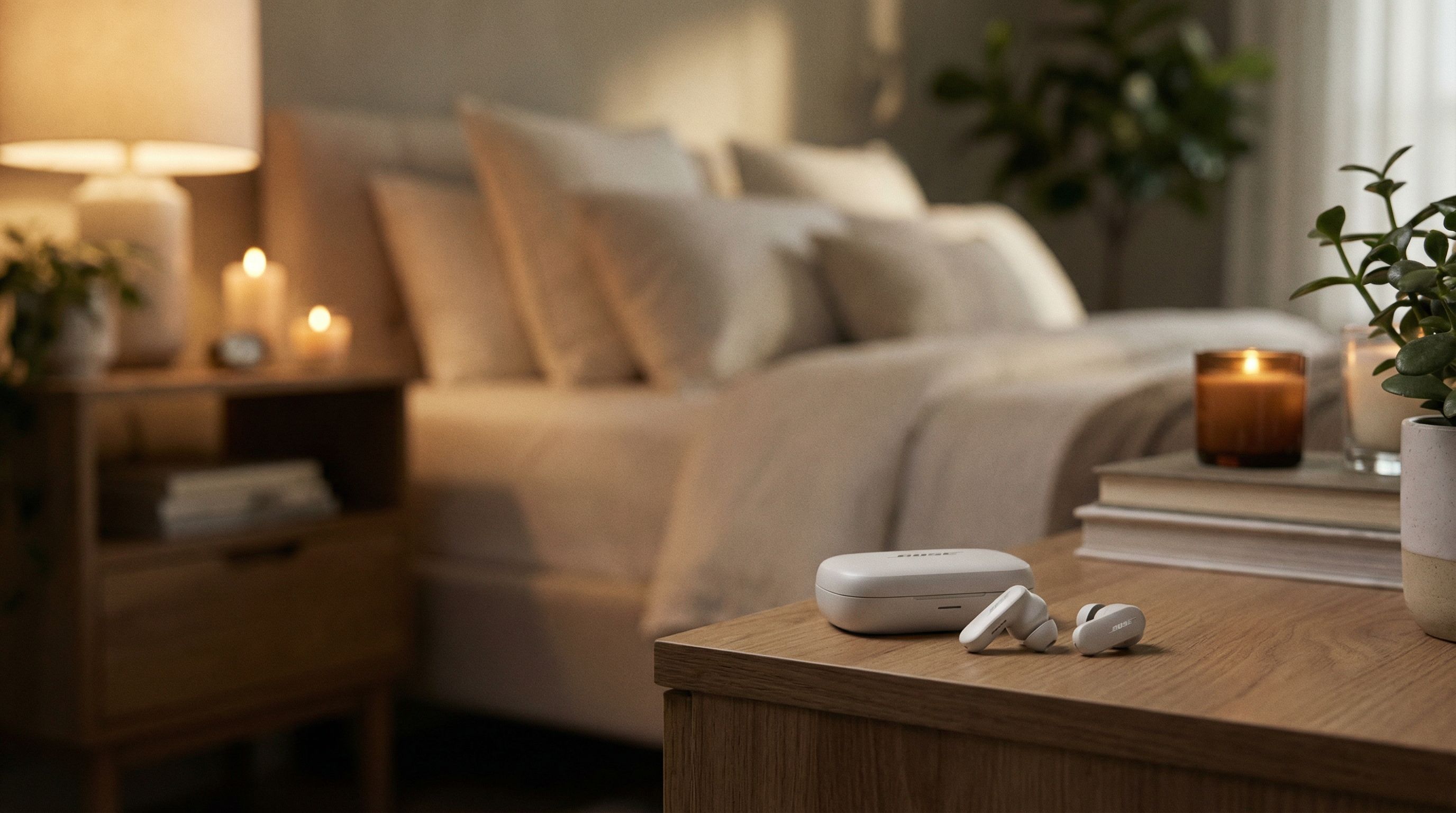 ナイトテーブルに置かれたBose Ultra Open Earbudsの本体と充電ケース
