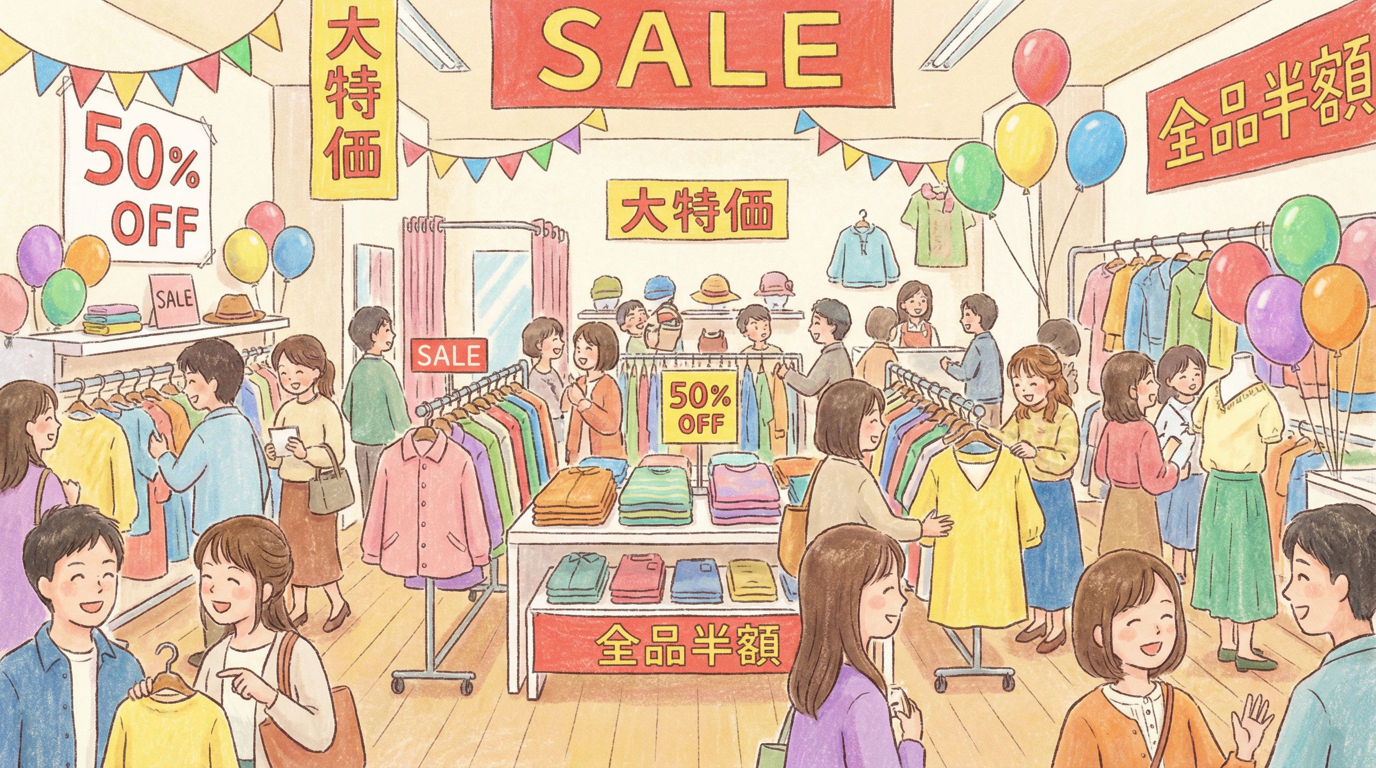大型セールで賑わうアパレルショップのイラスト