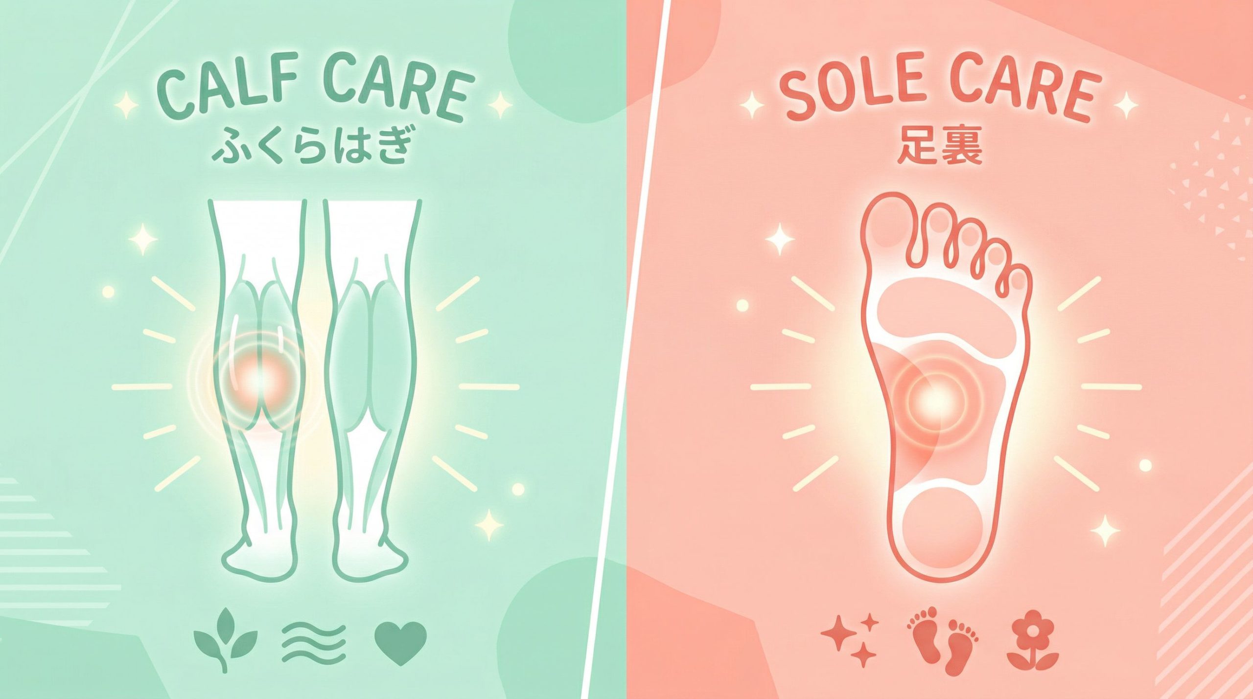 ふくらはぎと足裏のイラストで部位の違いを示す
