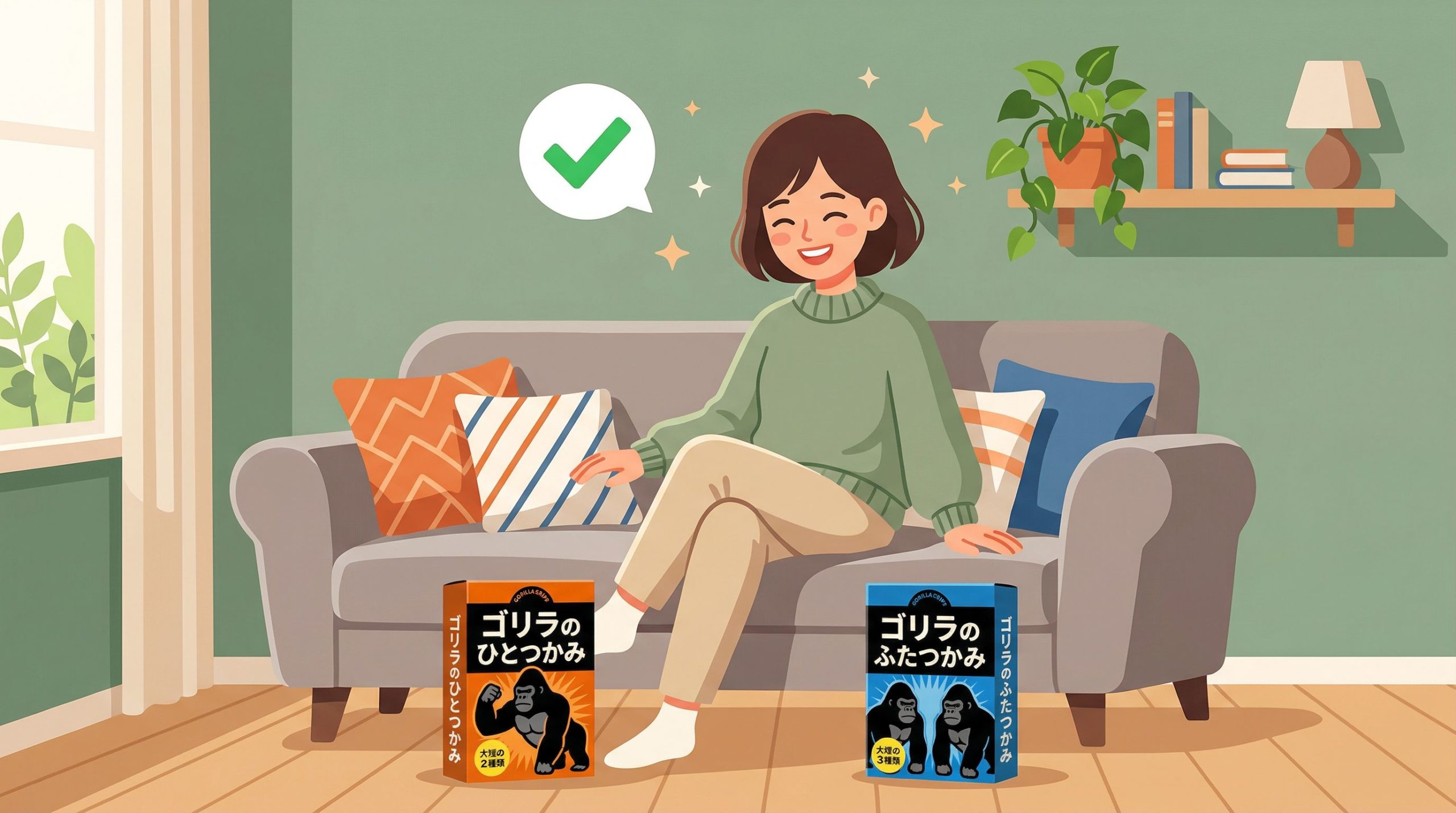 自分に合ったゴリラシリーズを選んで満足している女性のイラスト:イメージ画像