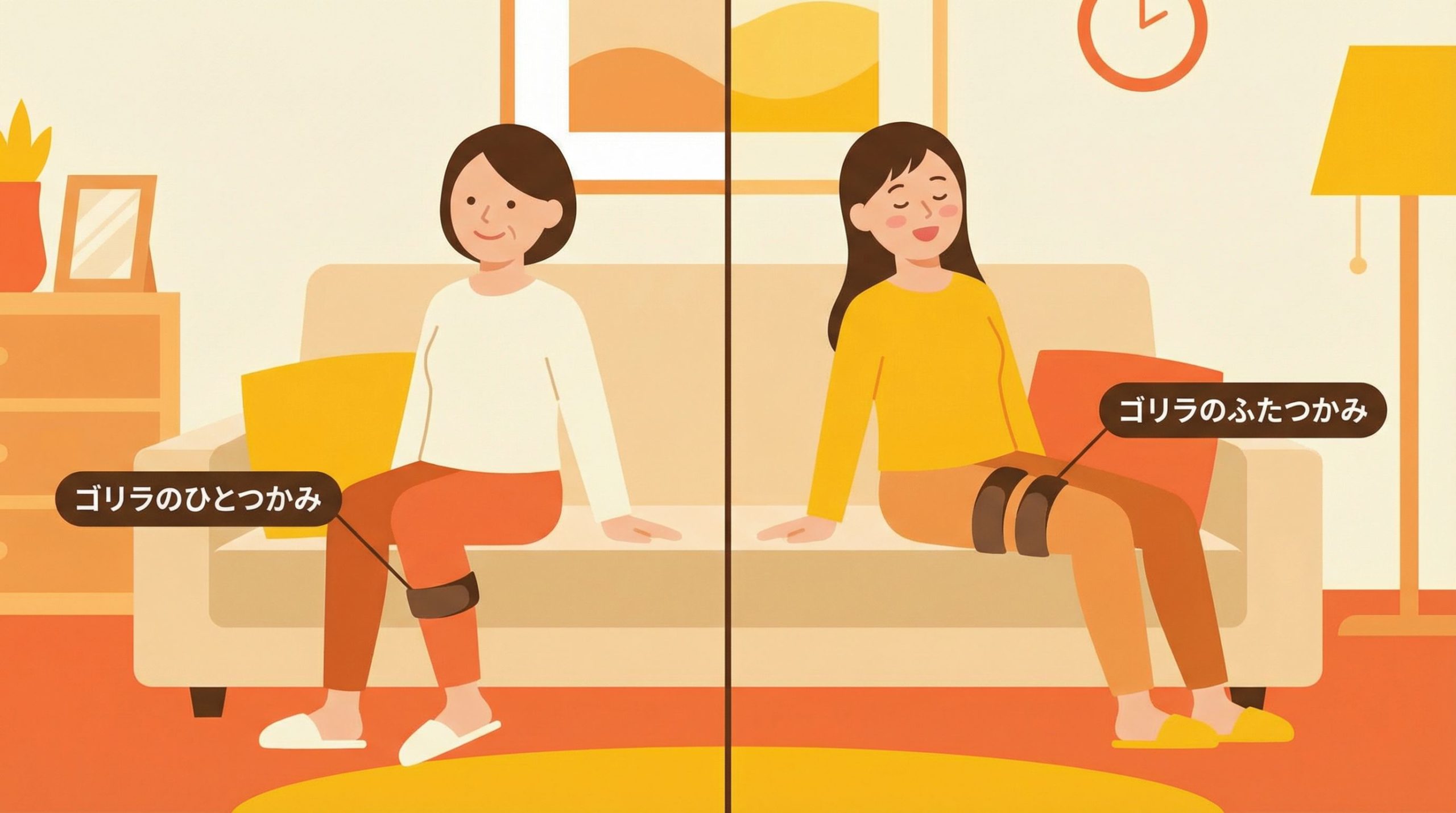 「ひとつかみ」をふくらはぎに、「ふたつかみ」を太ももに使う女性のイラスト:イメージ画像