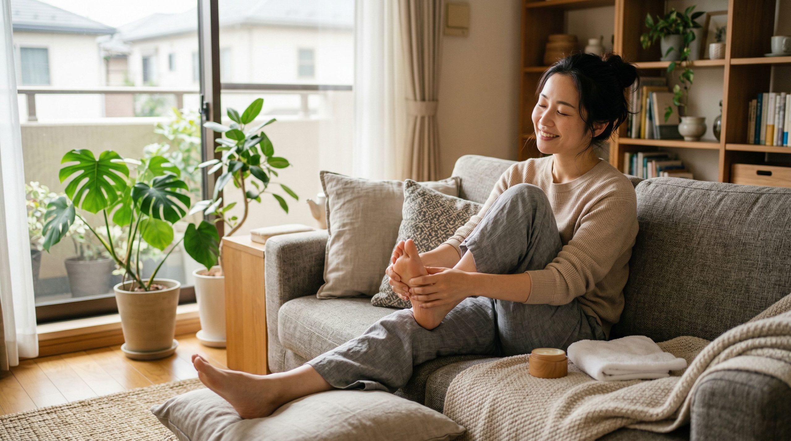自宅のソファでリラックスしながらフットケアをする女性
