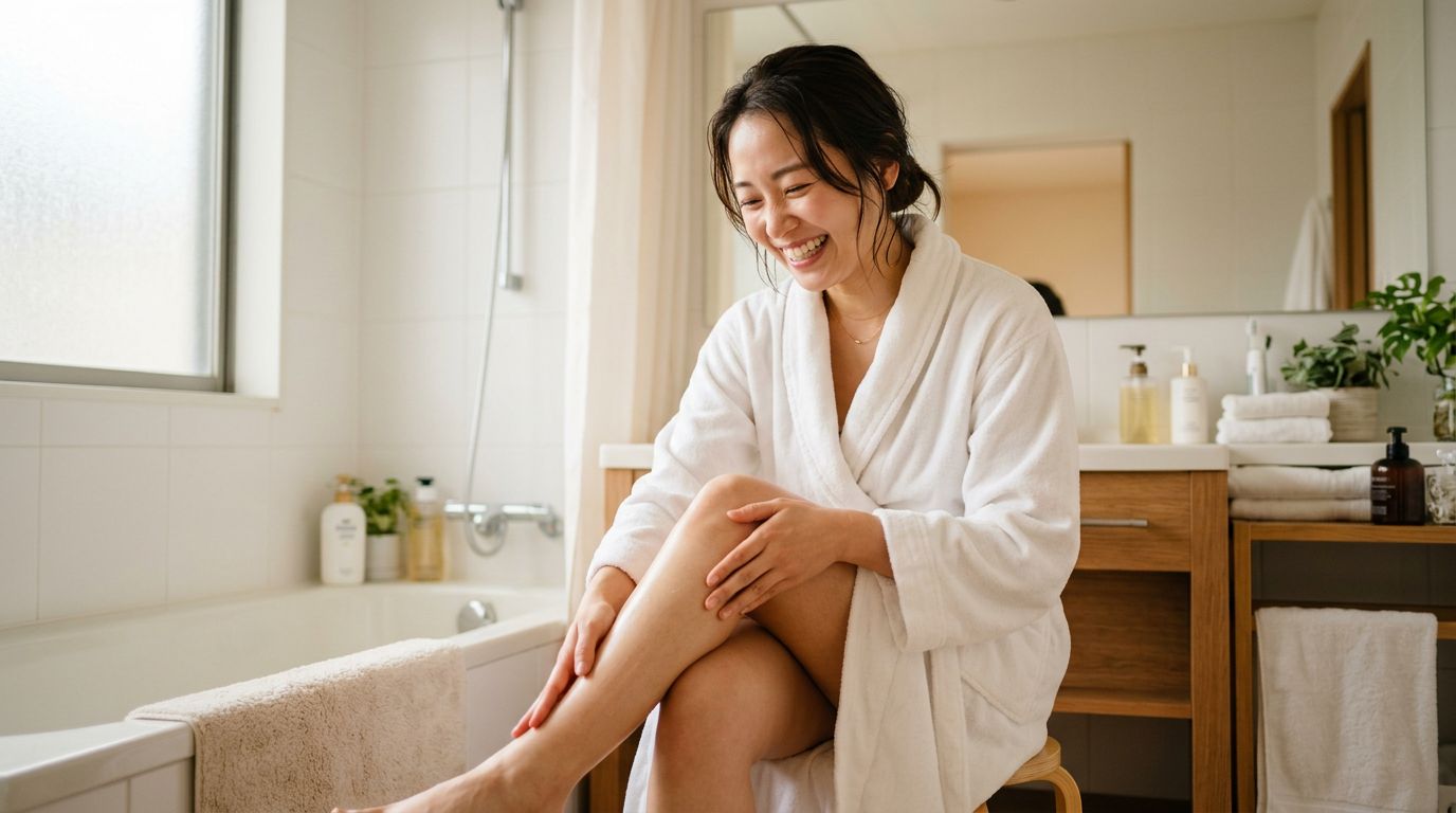 SILVLFナノガラス脱毛器でケアした脚を撫でる女性:イメージ画像