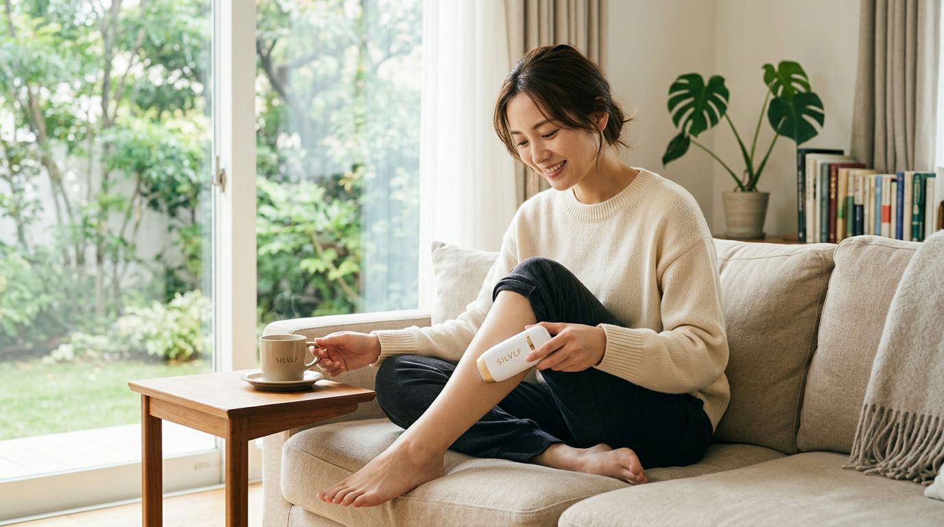 SILVLFナノガラス脱毛器を脚に使う日本人女性:イメージ画像