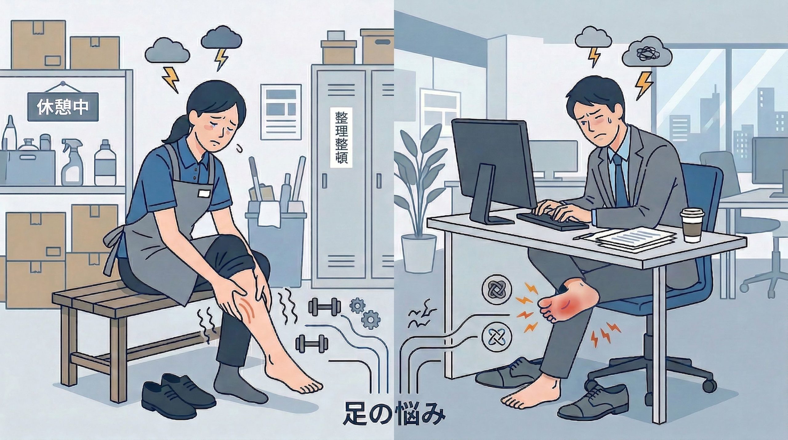 ふくらはぎの疲れに悩む女性と足裏の疲れに悩む男性
